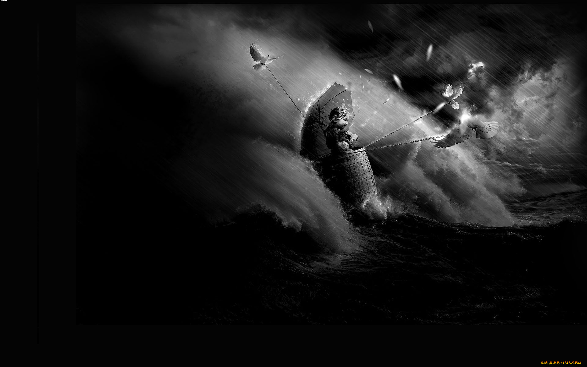 3д, графика, fantasy, фантазия, девочка, голуби, море