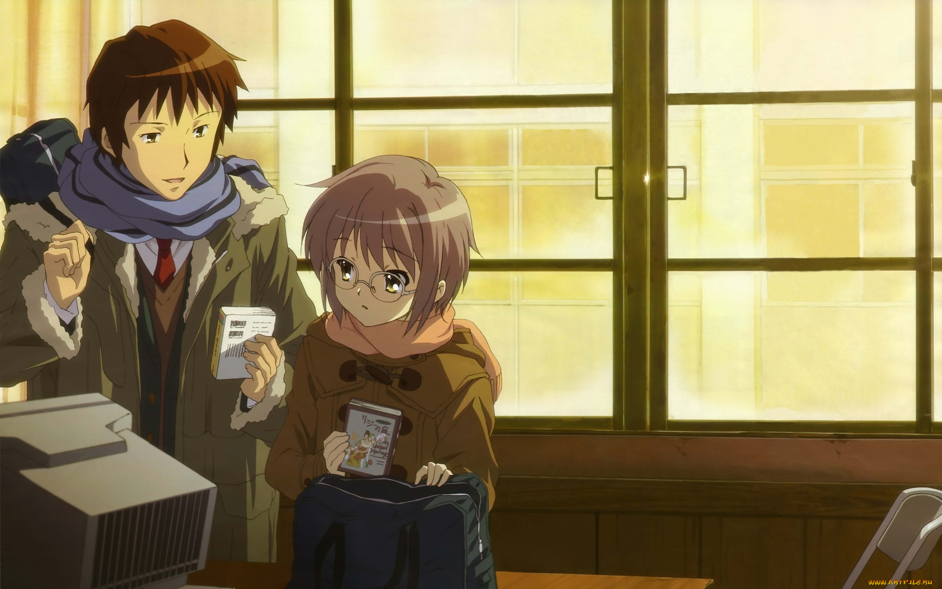 аниме, the, melancholy, of, haruhi, suzumiya, окно, парень, девушка