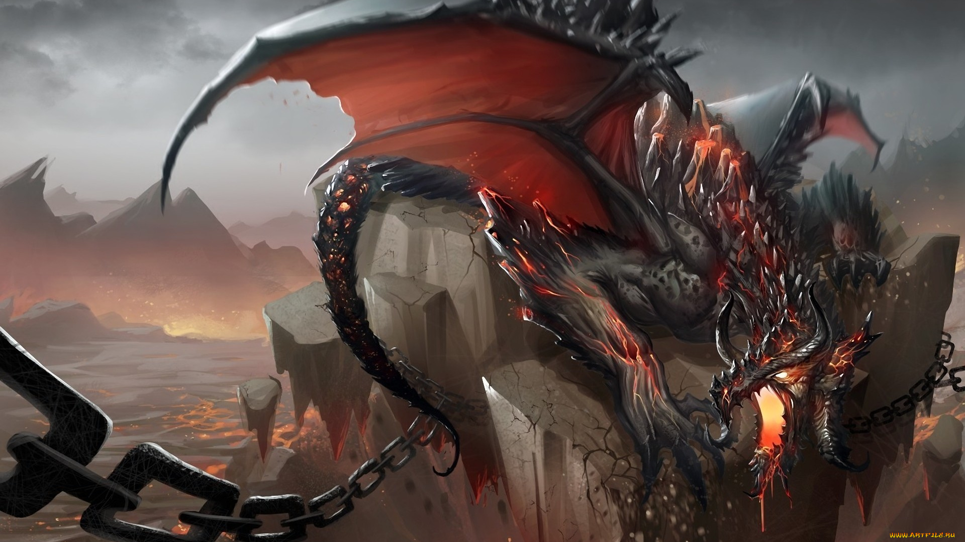 фэнтези, драконы, скала, цепь