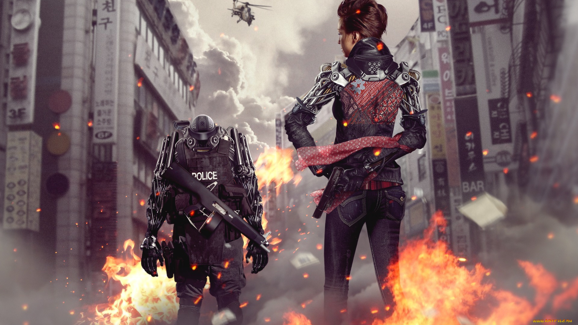 фэнтези, роботы, киборги, механизмы, город, девушка, полиция, робот, киборг