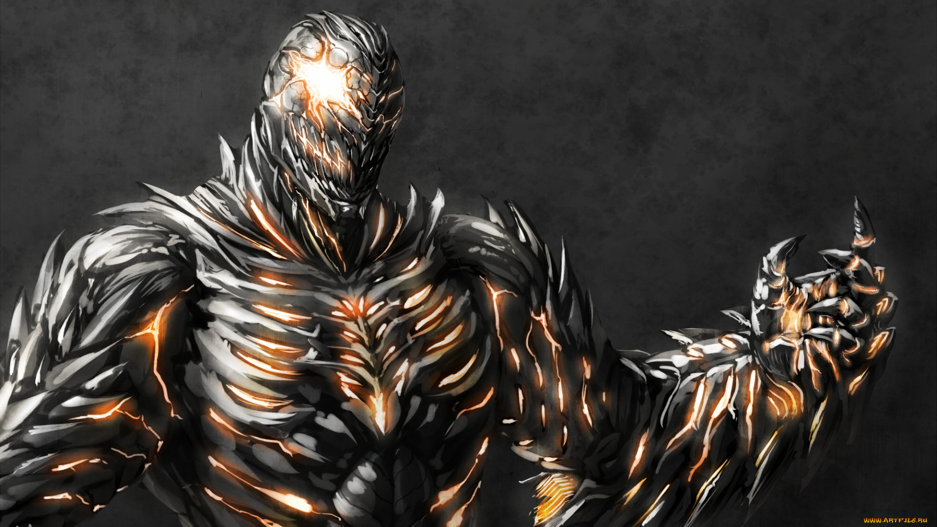 фэнтези, существа, серый, фон, трещины, огонь, рука, глаз, монстр