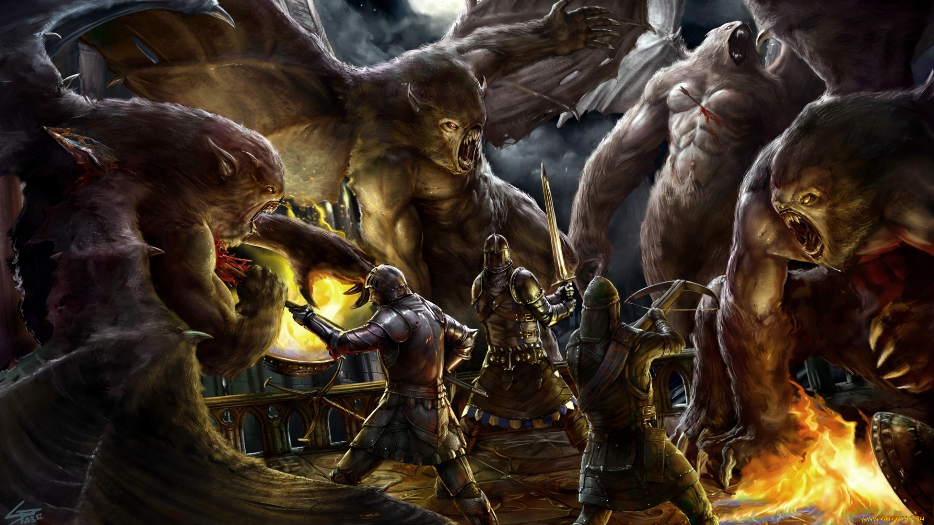 фэнтези, существа, воины, битва, чудовища, монстры