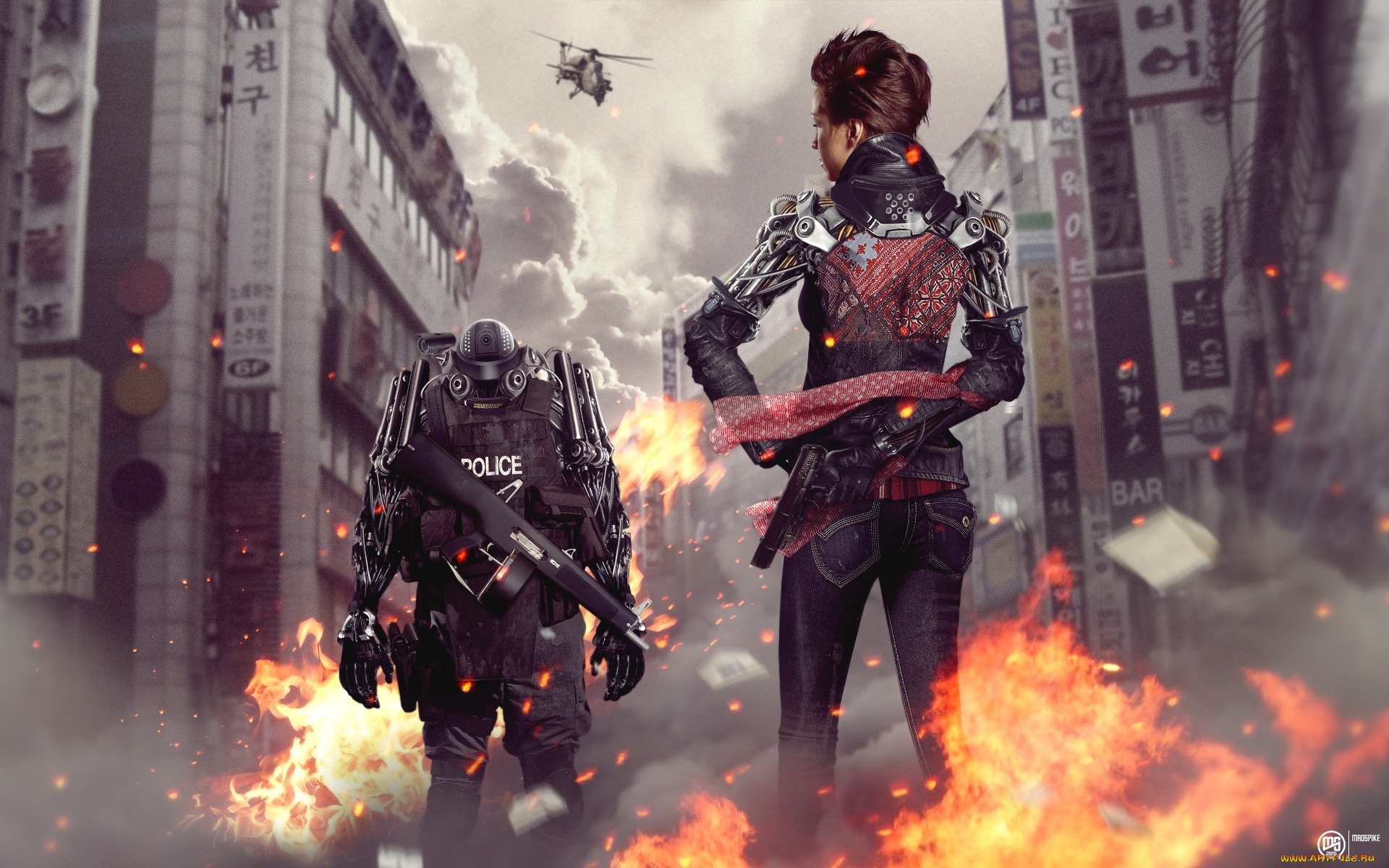 фэнтези, роботы, киборги, механизмы, город, девушка, полиция, робот, киборг