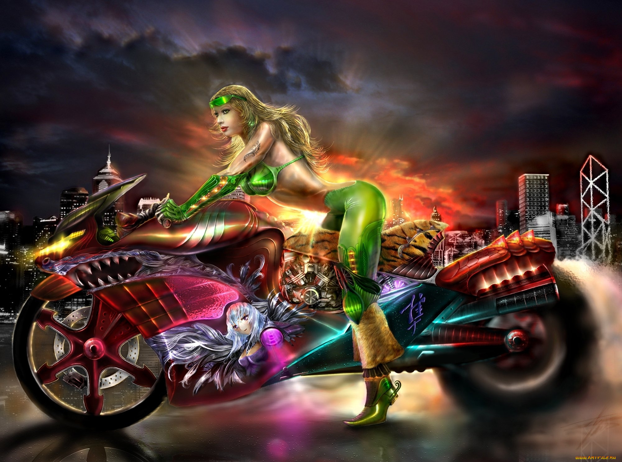 фэнтези, девушки, мотоцикл