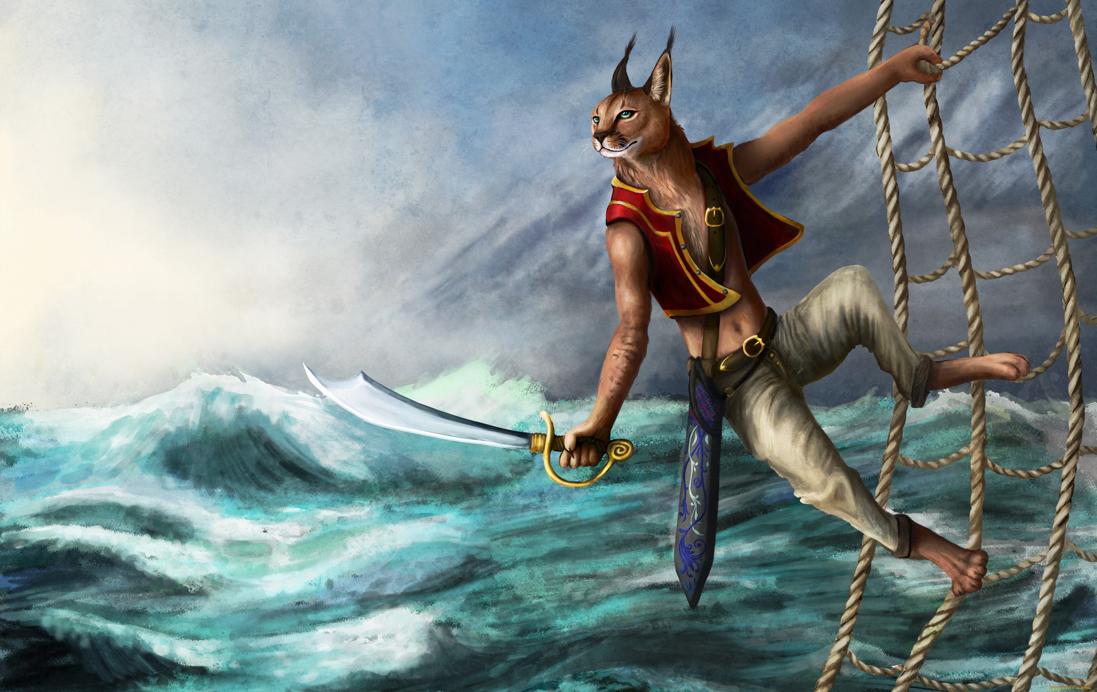 фэнтези, существа, море, меч, рысь