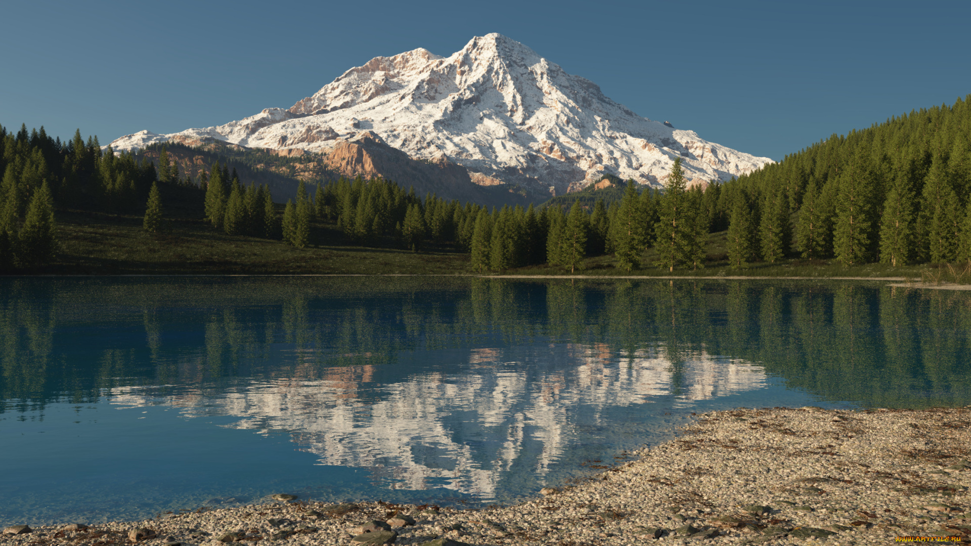 3д, графика, nature, landscape, природа, лес, горы, озеро