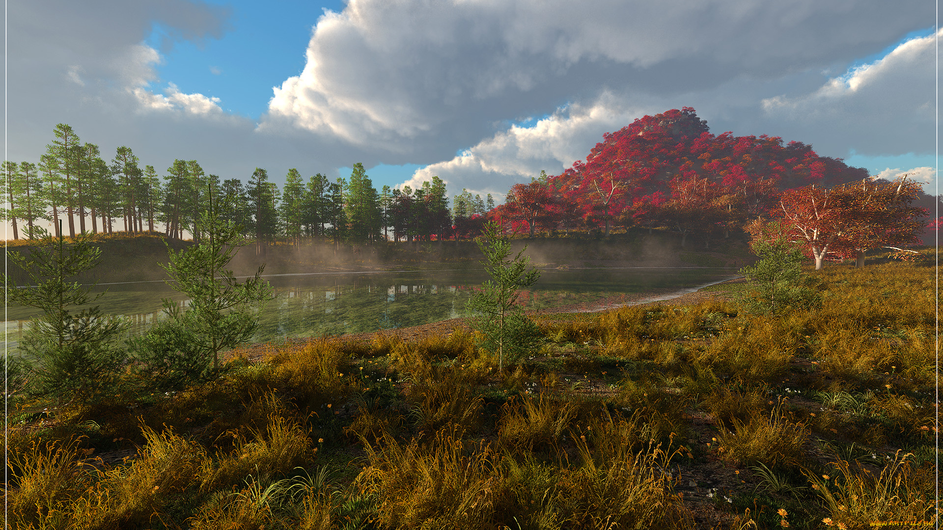 3д, графика, nature, landscape, природа, река, лес, облака