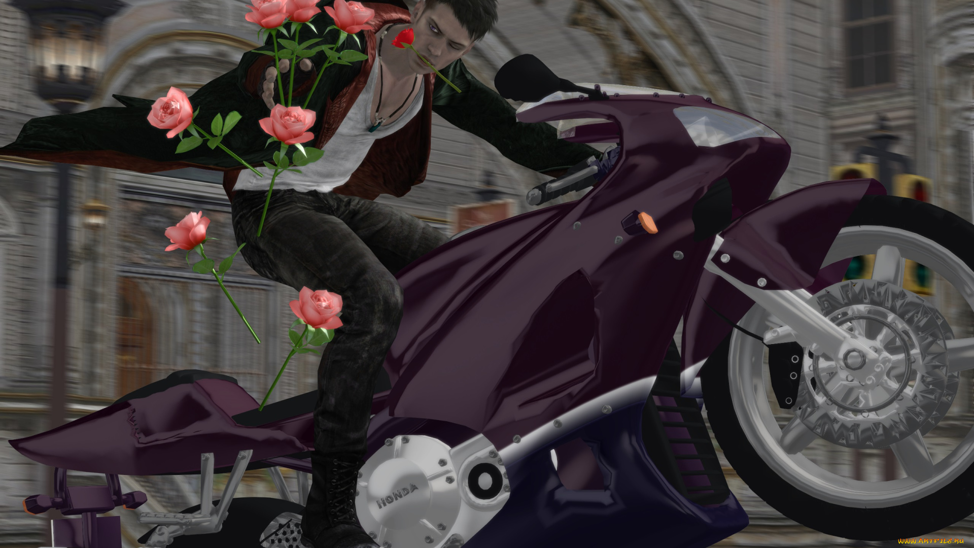 3д, графика, people, люди, мотоцикл, розы, мужчина
