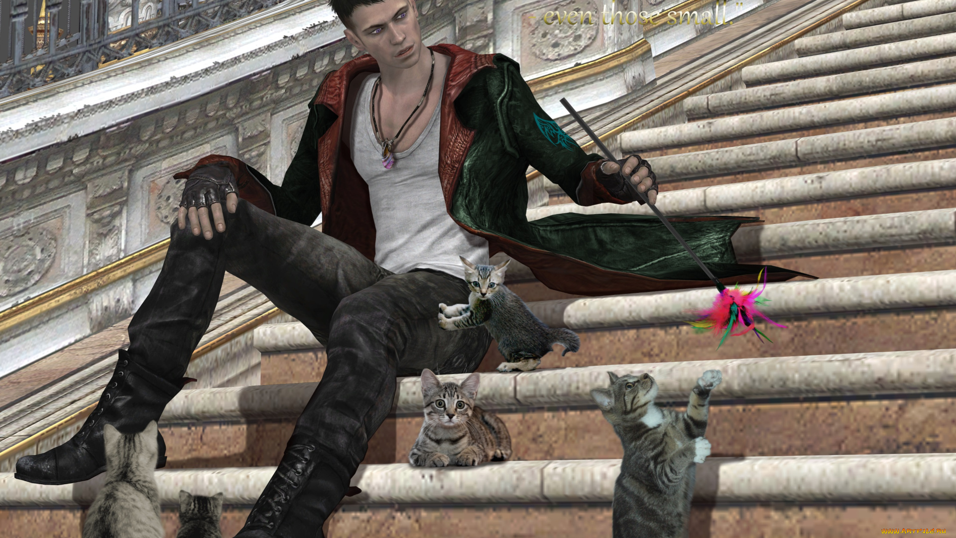 3д, графика, people, люди, мужчина, лесница, кошки