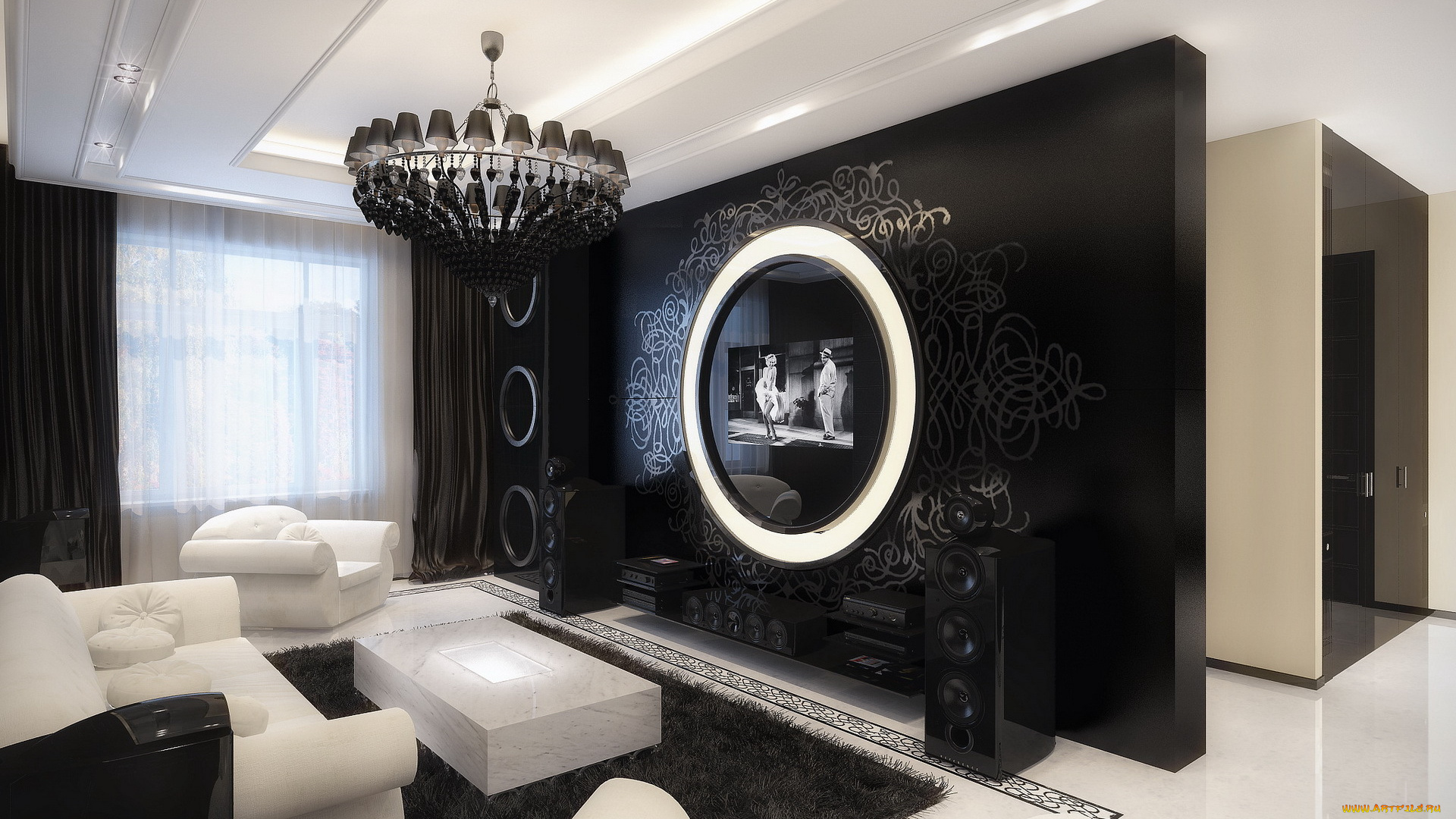 3д, графика, realism, реализм, гостиная, диван, кресла, шторы, телевизор, колонки, акустика, столик, люстра, гламур