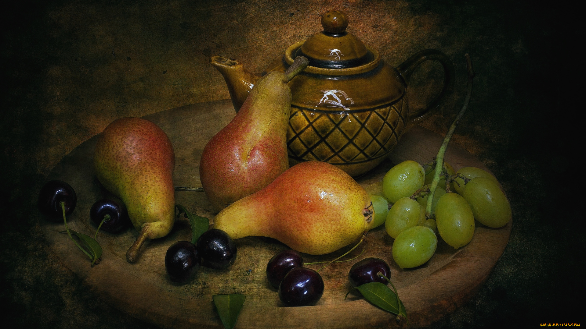 еда, фрукты, ягоды, черешни, виноград, груши, заварник