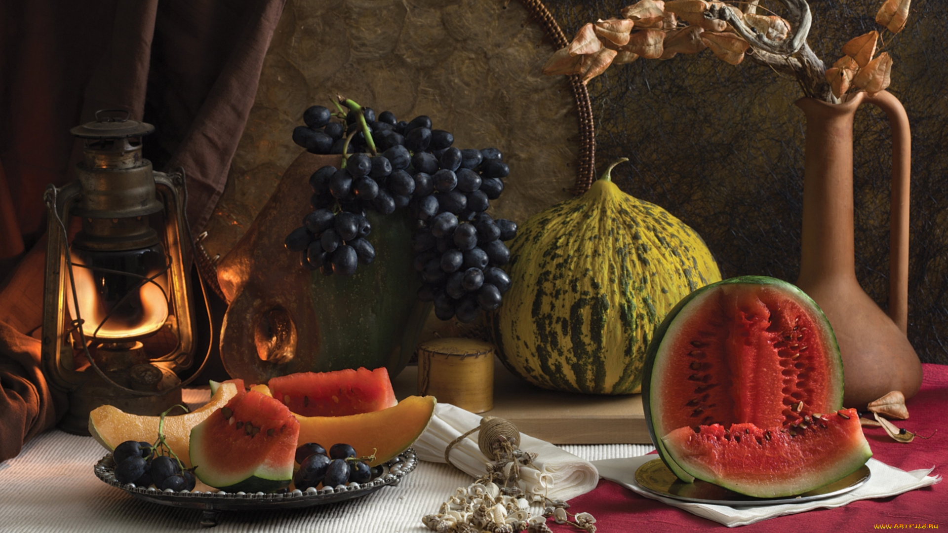 еда, натюрморт, кувшин, виноград, лампа, арбуз, тыква