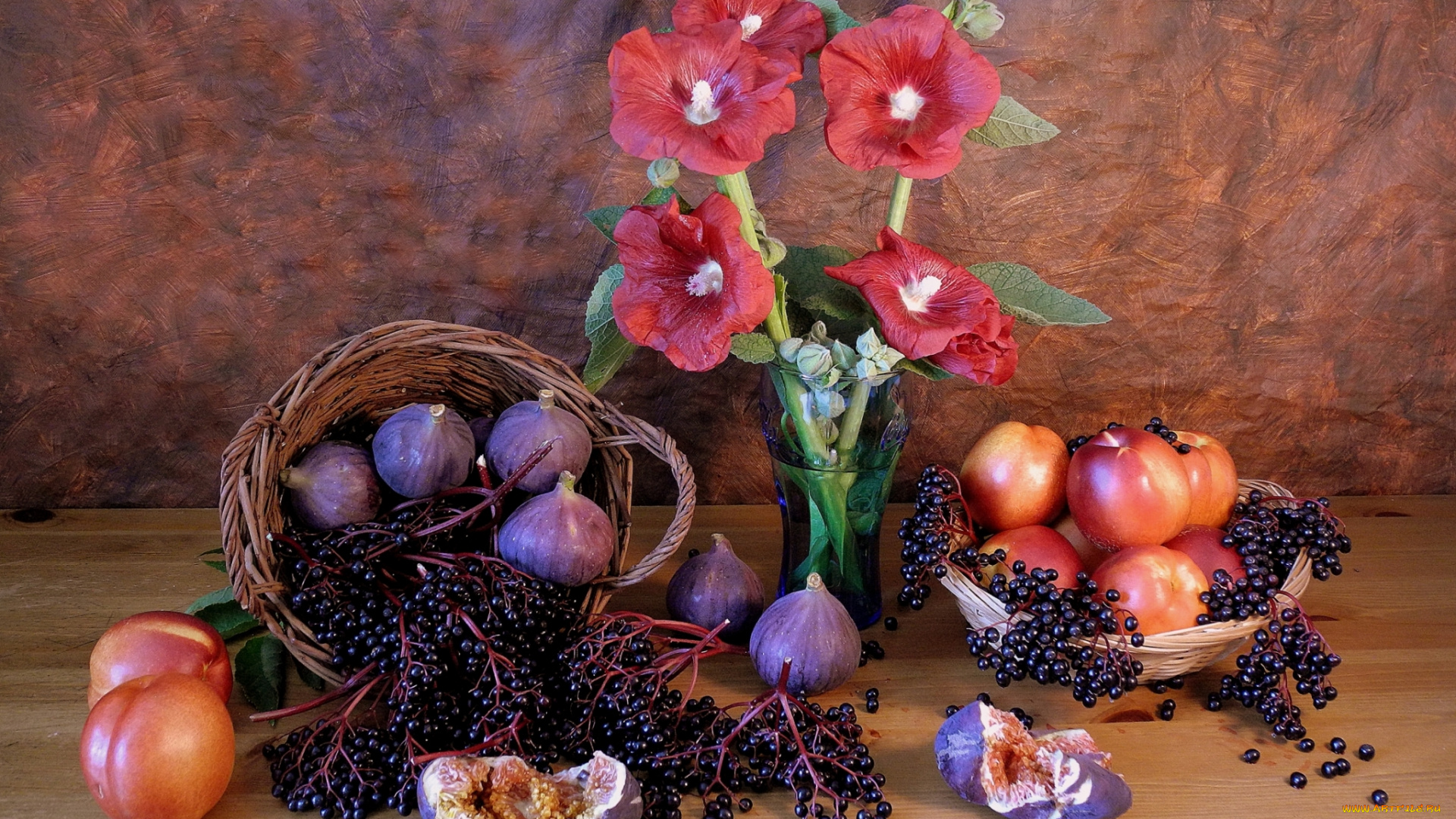 еда, натюрморт, мальвы, инжир, бузина, нектарины
