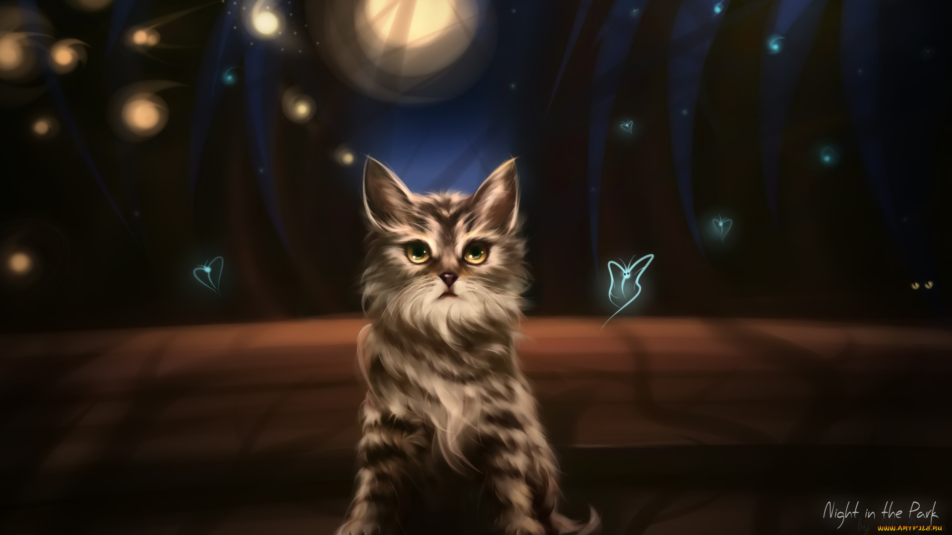 рисованные, животные, коты, кошка, ночь