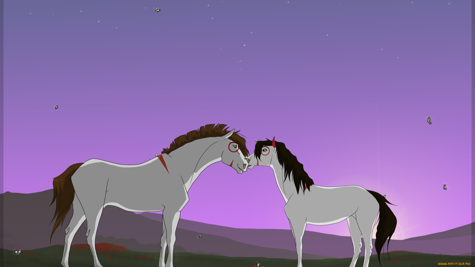 рисованные, животные, лошади, луг