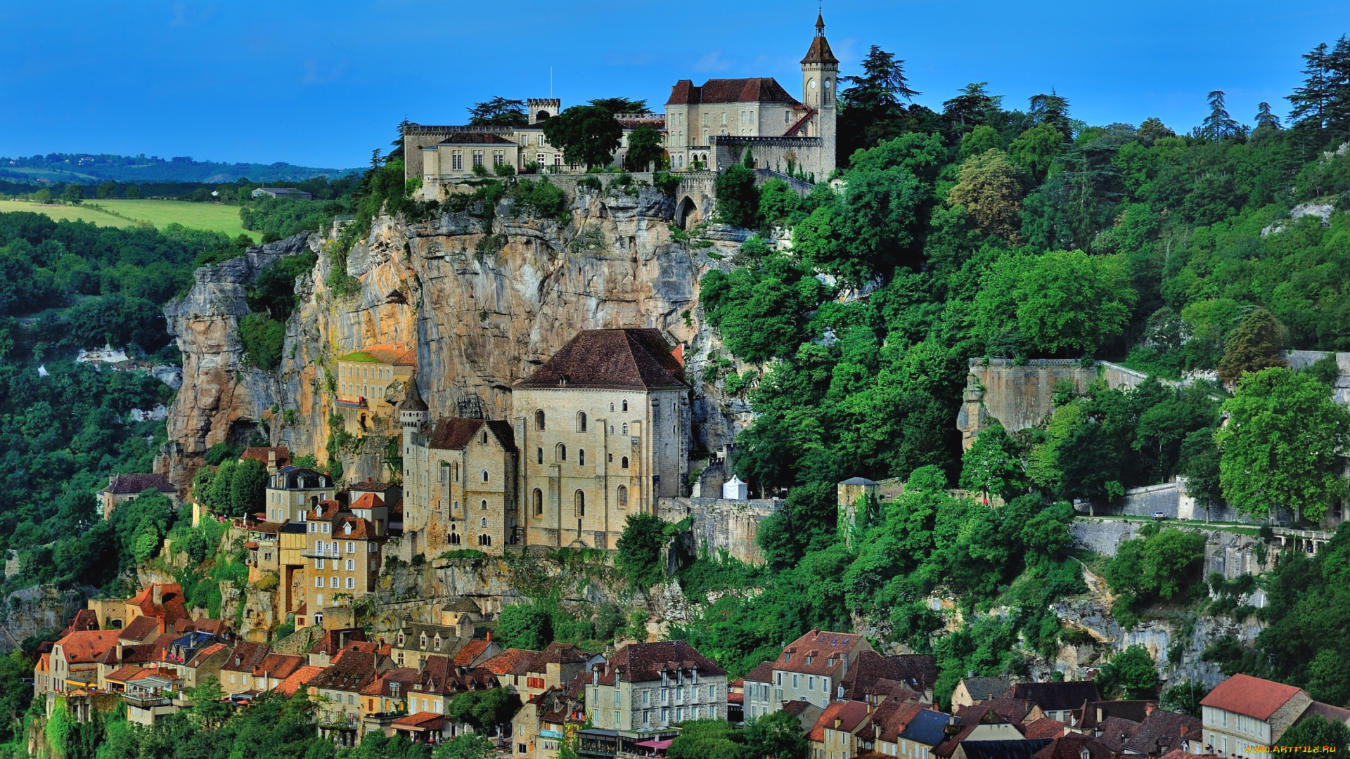 рокамадур, франция, города, пейзажи, деревья, здания, утес