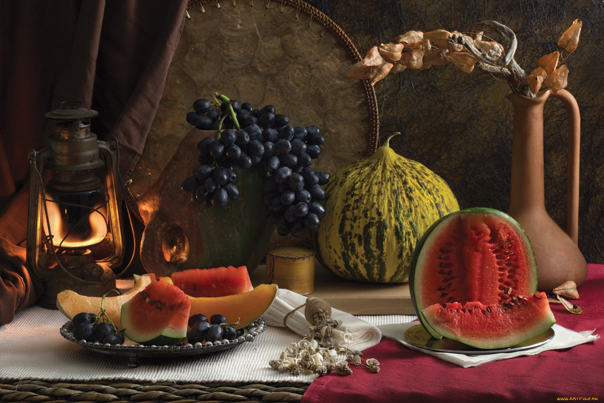 еда, натюрморт, кувшин, виноград, лампа, арбуз, тыква