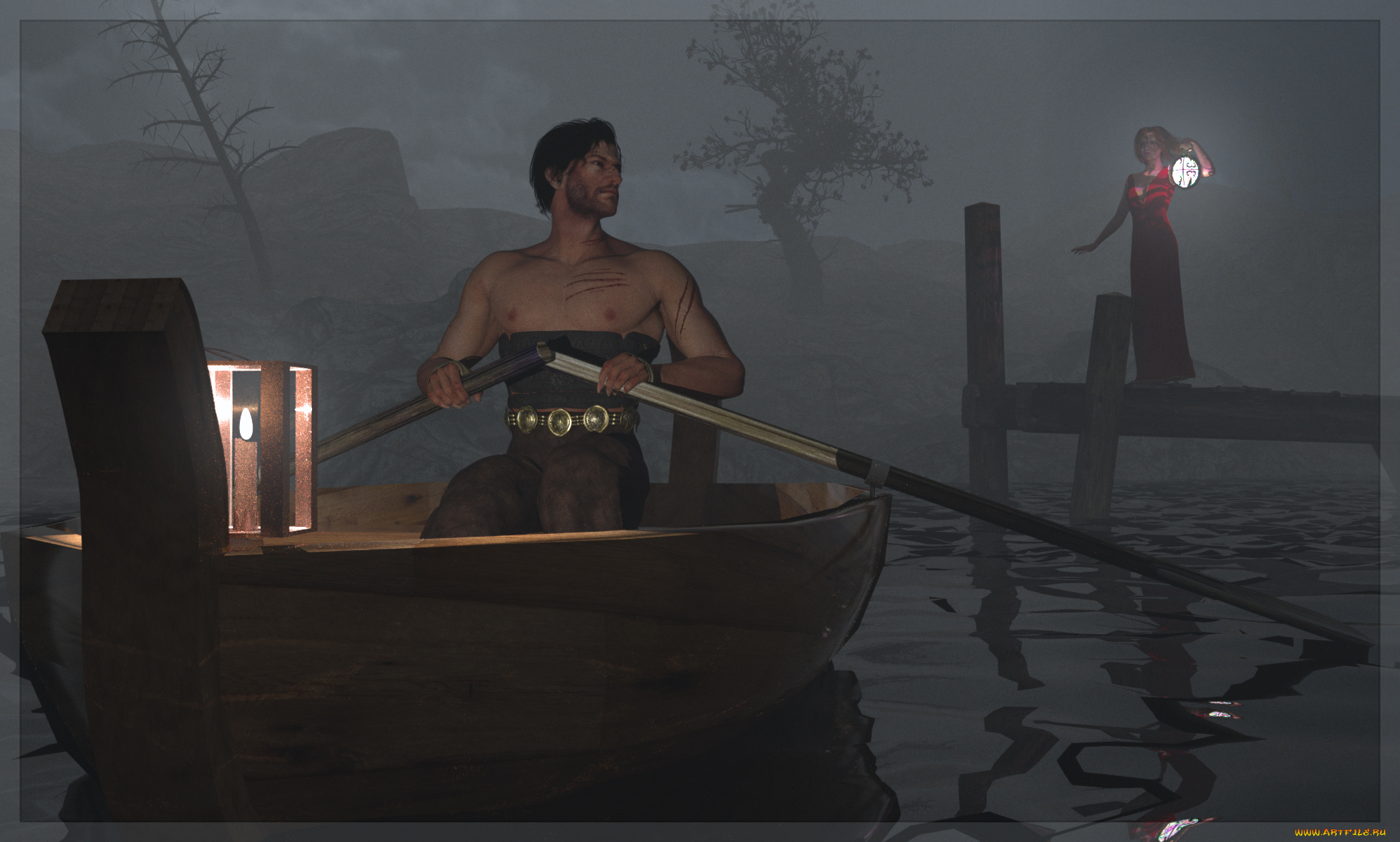 3д, графика, people, люди, вечер, река, женщина, лодка, мужчина