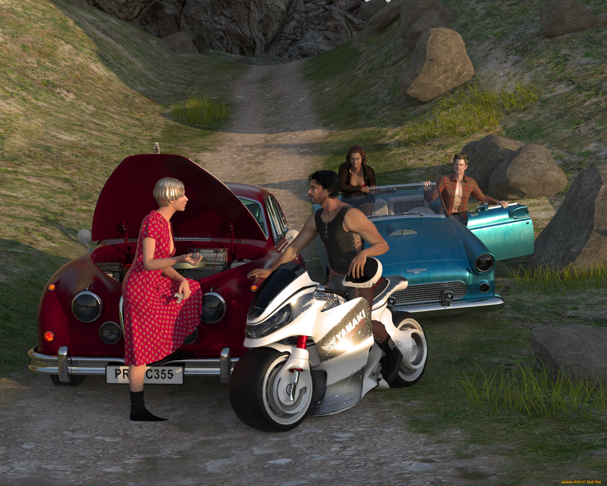 3д, графика, people, люди, девушка, мотоцикл, мужчины, автомобиль