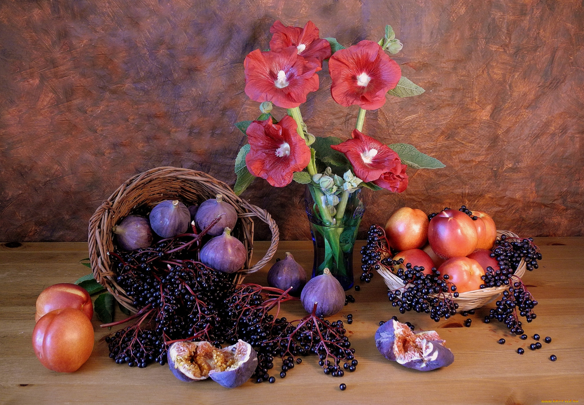 еда, натюрморт, мальвы, инжир, бузина, нектарины