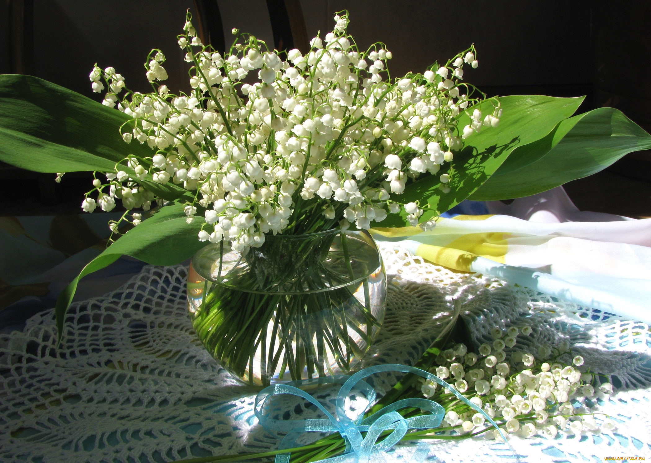 цветы, ландыши, лента, букет