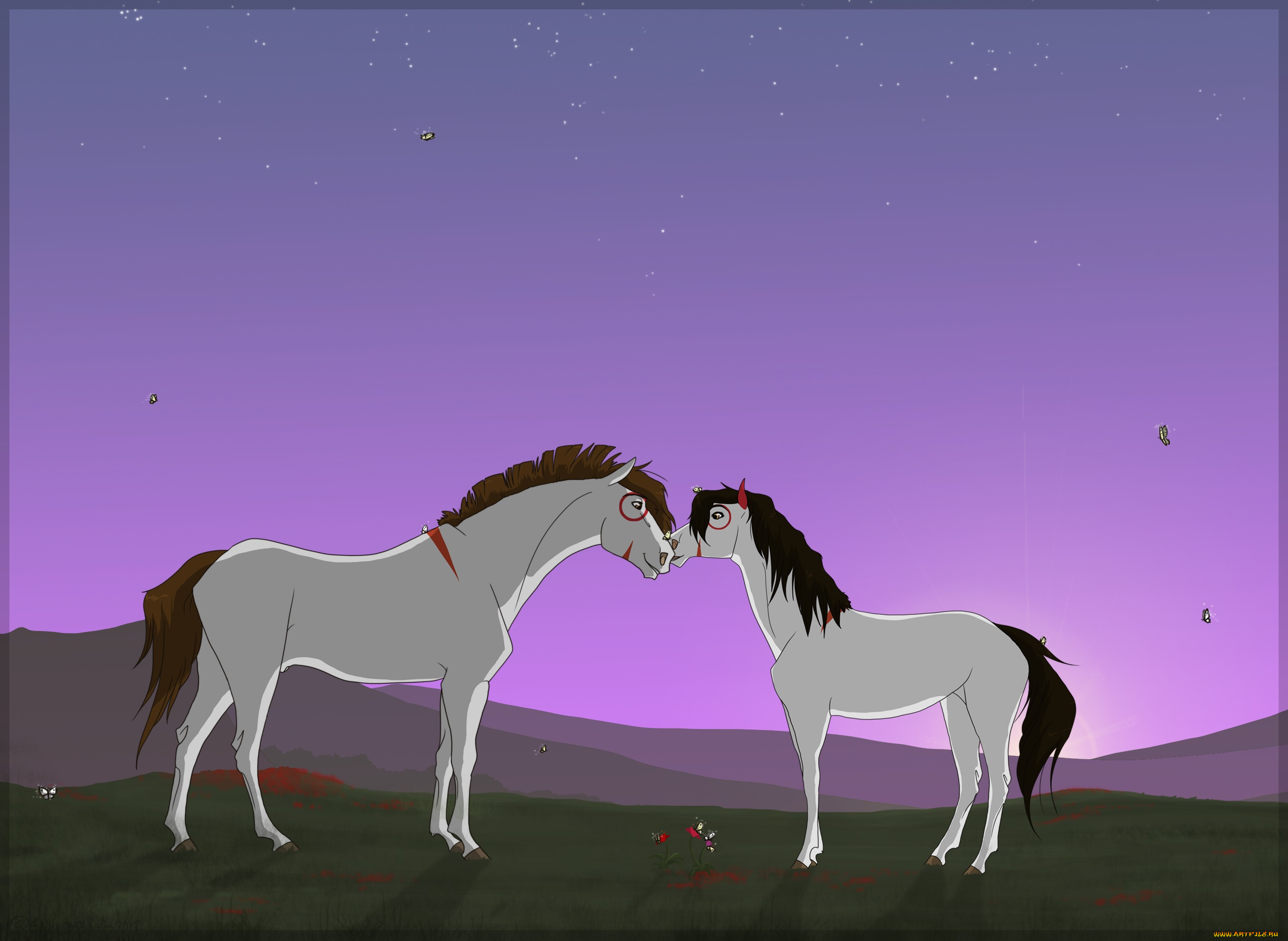 рисованные, животные, лошади, луг