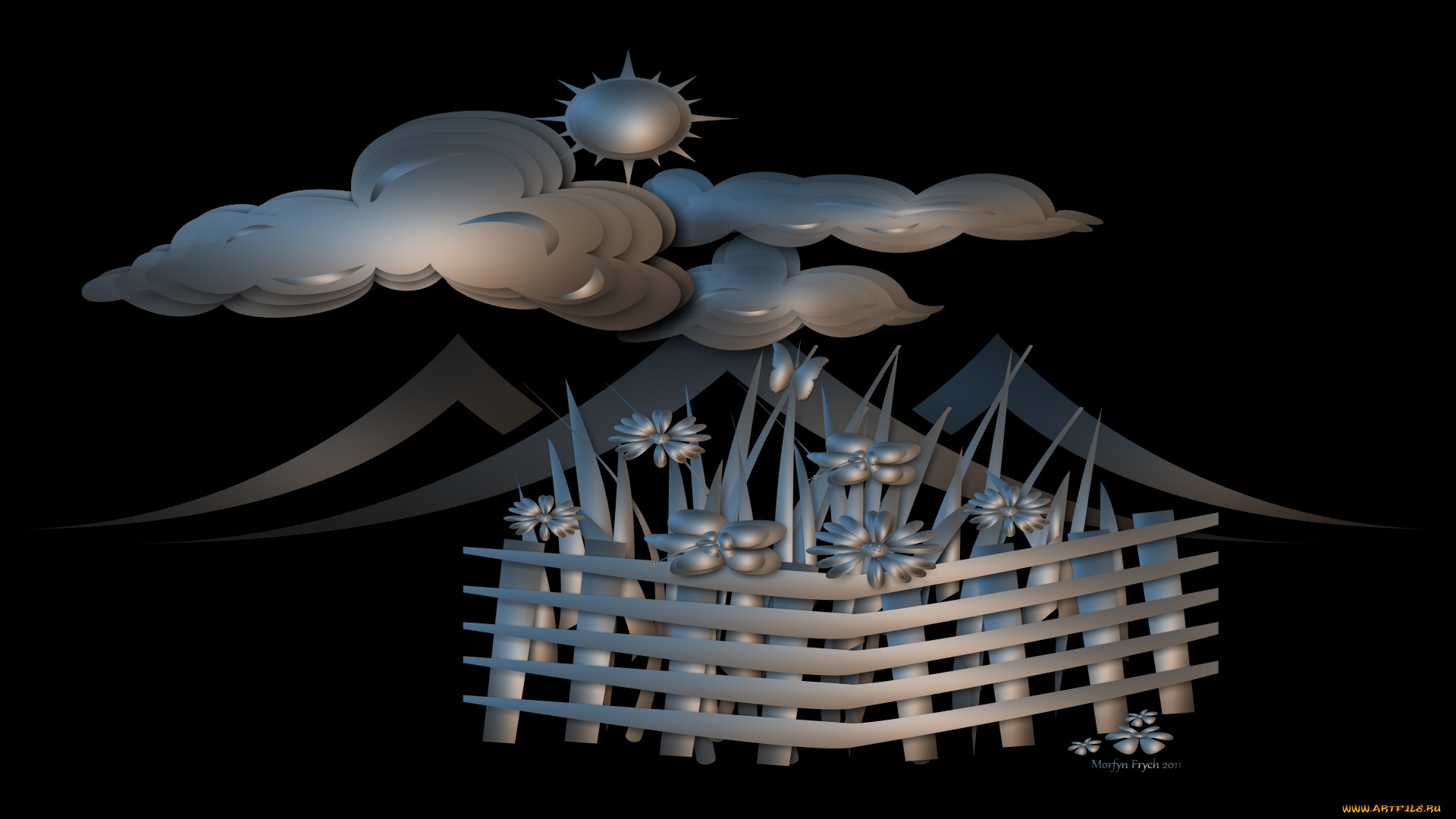 3д, графика, природа, , nature, забор, цветы, облака, солнце