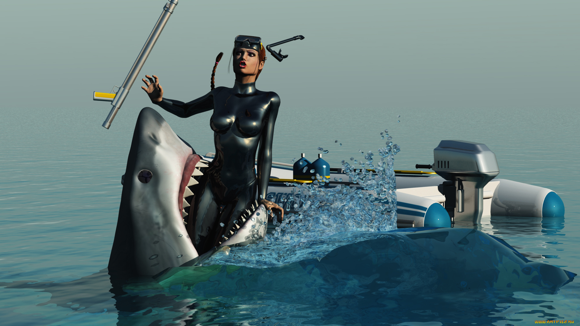 3д, графика, ужас, , horror, девушка, акула, море