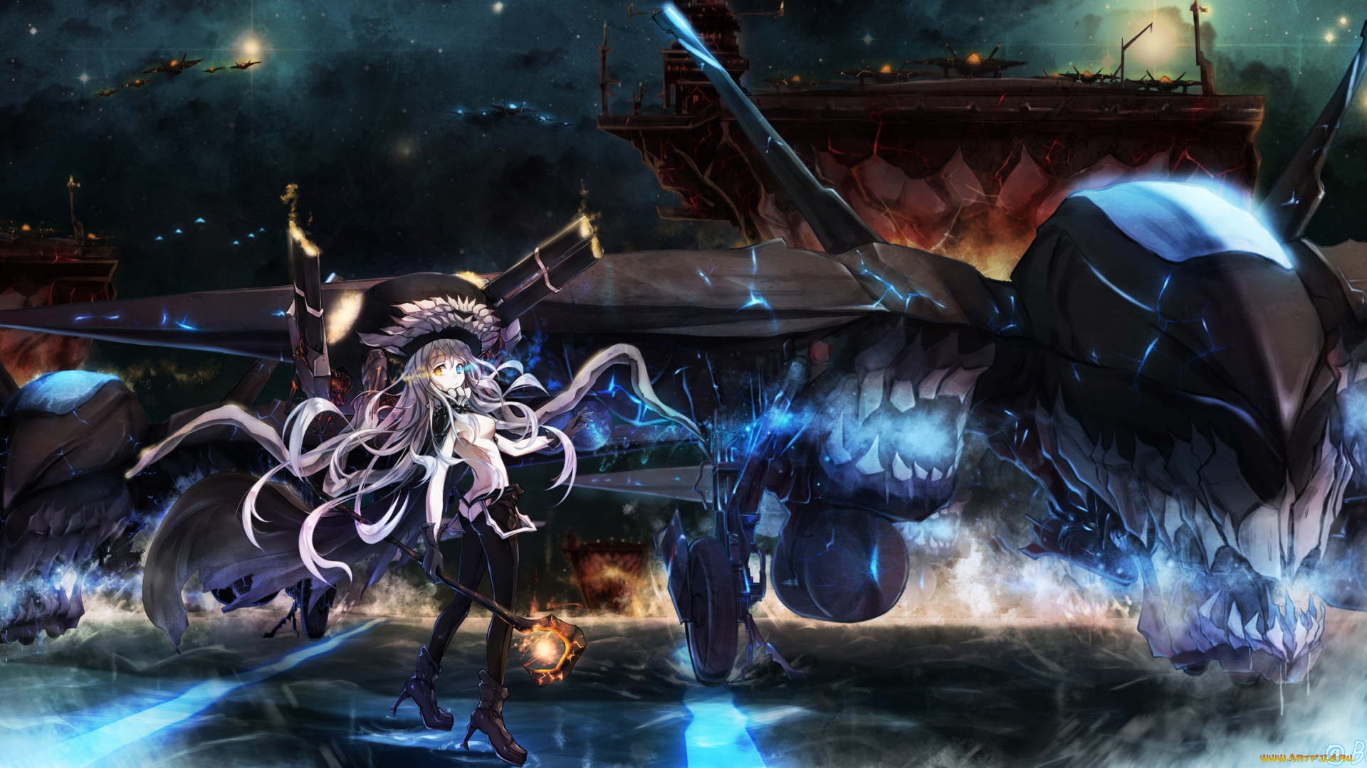 аниме, kantai, collection, удивление, оружие, самолеты, магия, взгляд, посох, wo-class, девушка, kantai, collection, море, art, boyogo