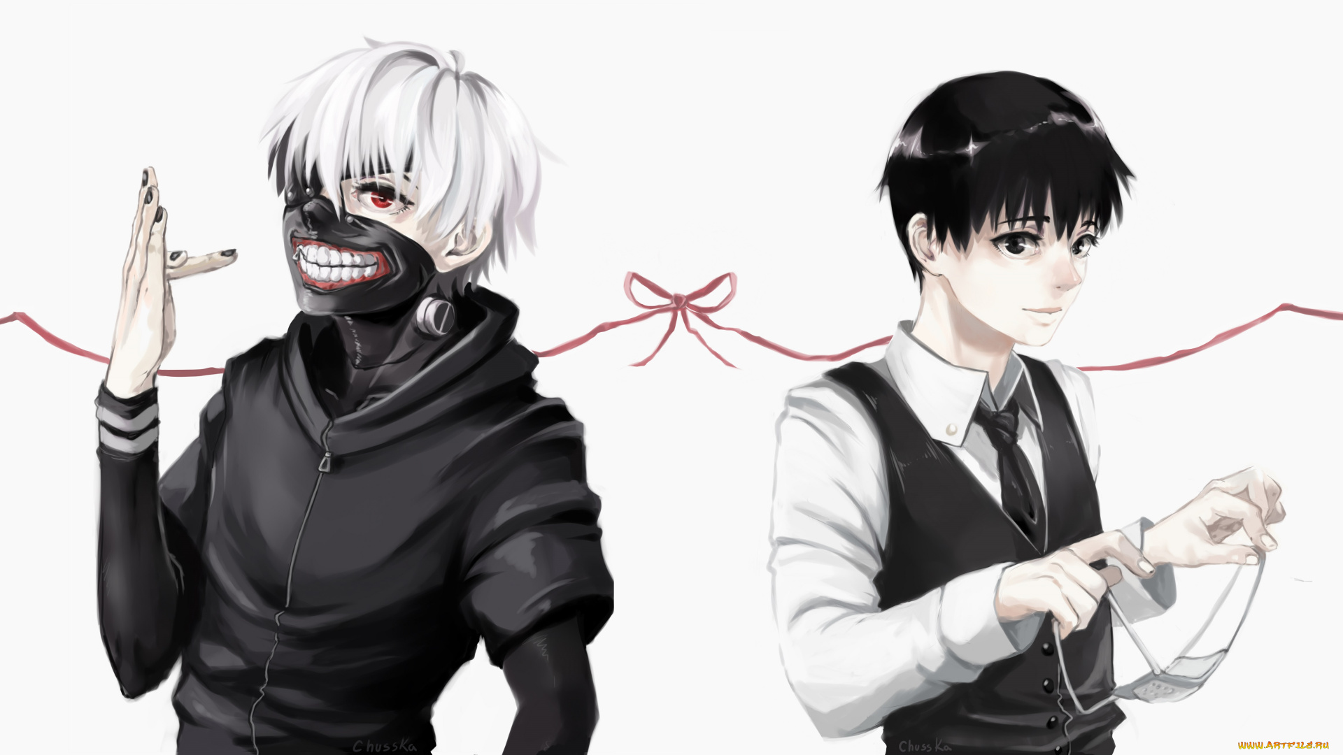 аниме, tokyo, ghoul, маска, канеки, кен, токийский, гуль, бантик, арт, белый, фон, лента