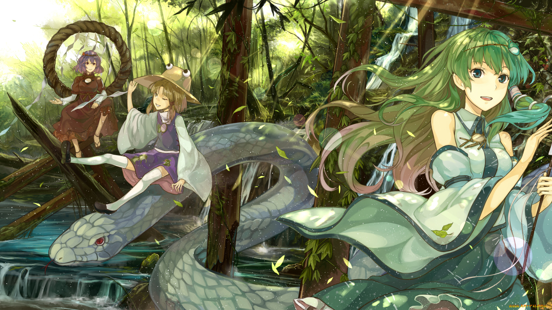 аниме, touhou, девушки, природа, растения, змея