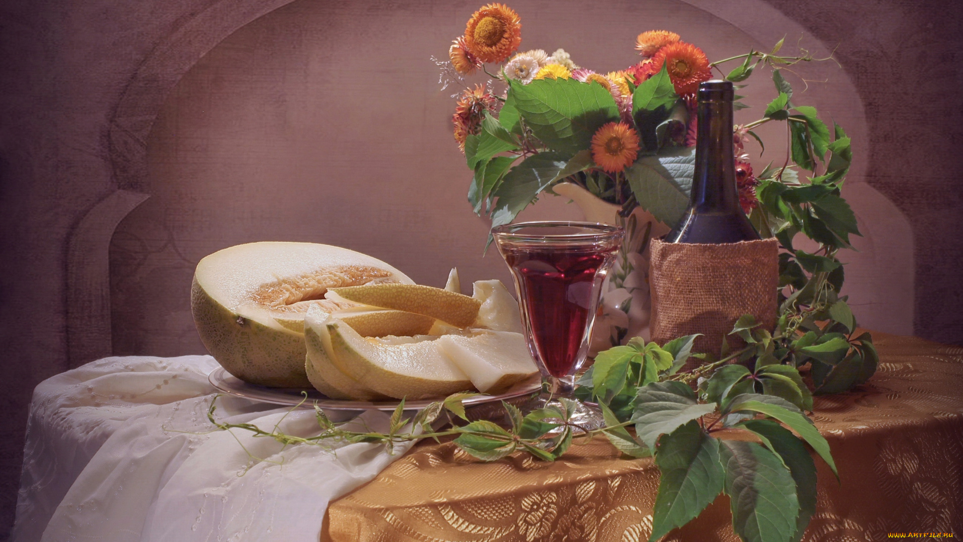 еда, натюрморт, вино, цветы, бокал, дыня