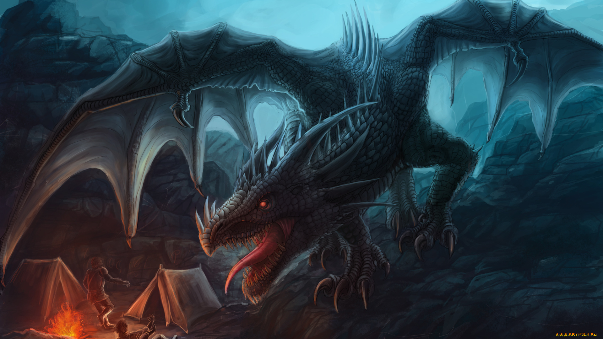 фэнтези, драконы, очаг, горы, нападение, люди, дракон, паника