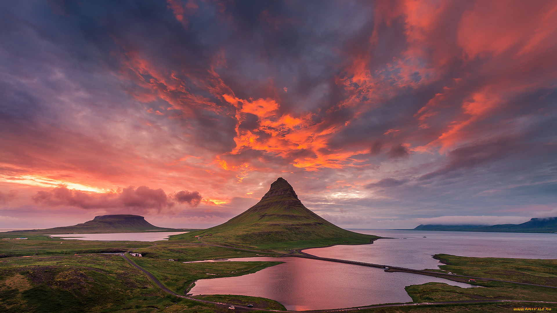 природа, горы, исландия, гора, kirkjufell, небо, облака, лето, полярный, день