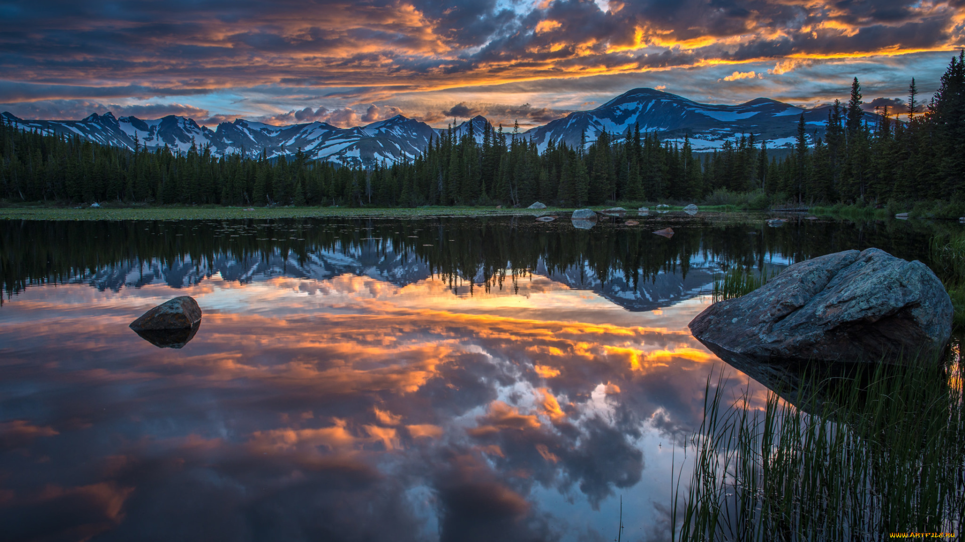 природа, реки, озера, red, rock, lake, indian, peaks, национальный, парк, роки-маунтин, колорадо, сша, вечер, закат
