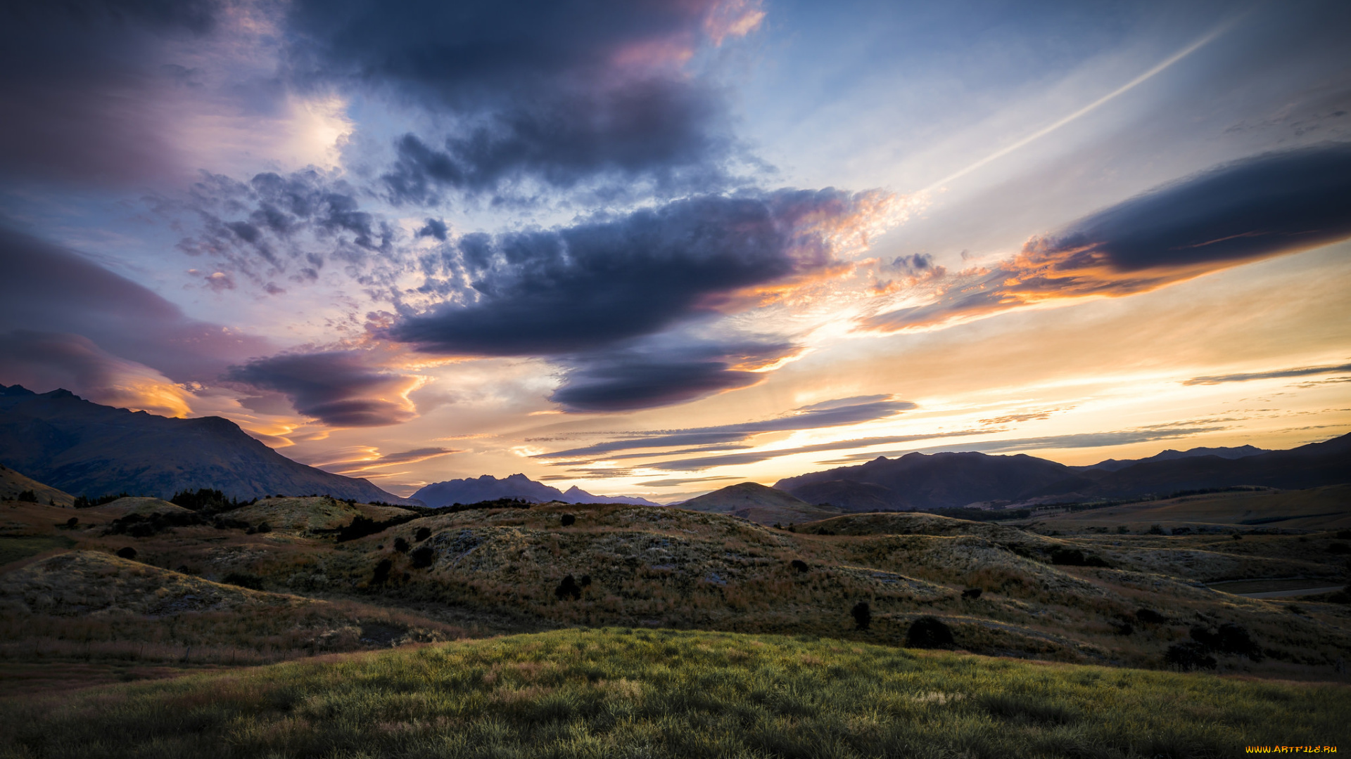 природа, восходы, закаты, новая, зеландия, холмы, рассвет, утро, горы