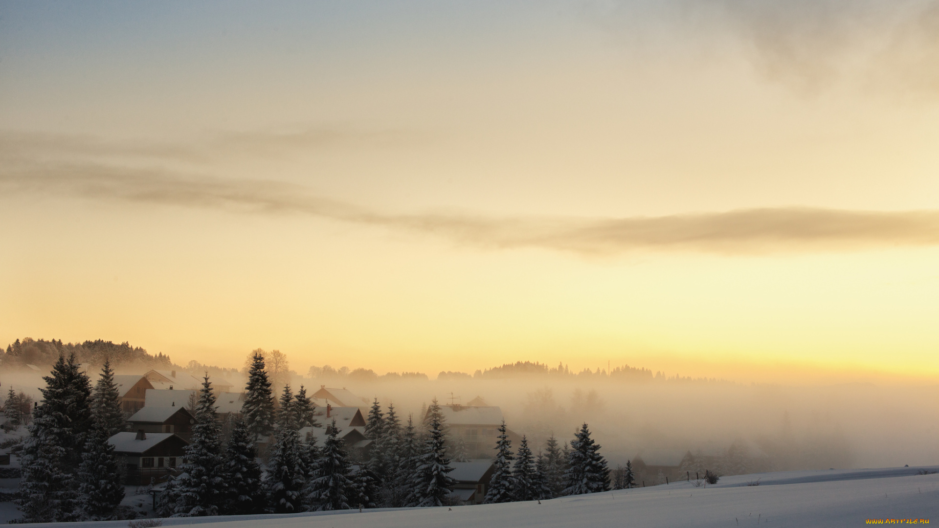 природа, зима, лес, утро, рассвет, туман, снег, деревня, ели, дома