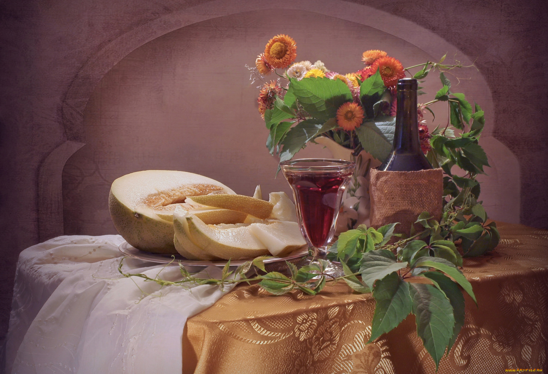 еда, натюрморт, вино, цветы, бокал, дыня
