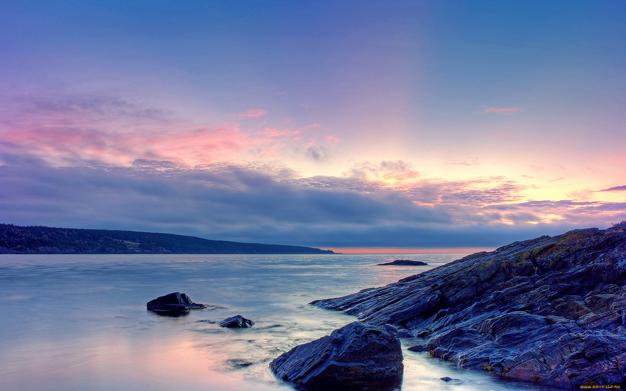 природа, побережье, река, тучи, камни, берег, закат