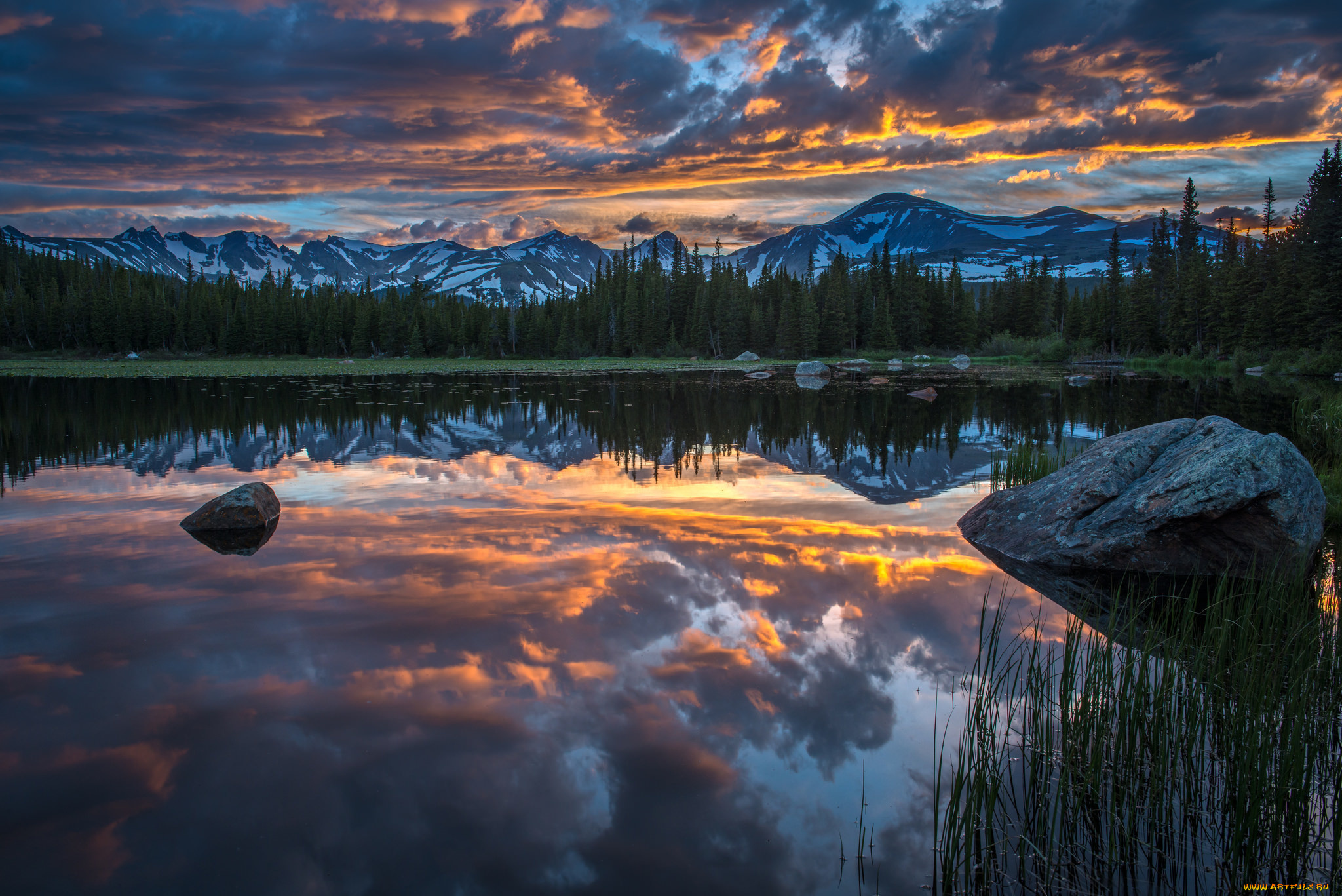 природа, реки, озера, red, rock, lake, indian, peaks, национальный, парк, роки-маунтин, колорадо, сша, вечер, закат