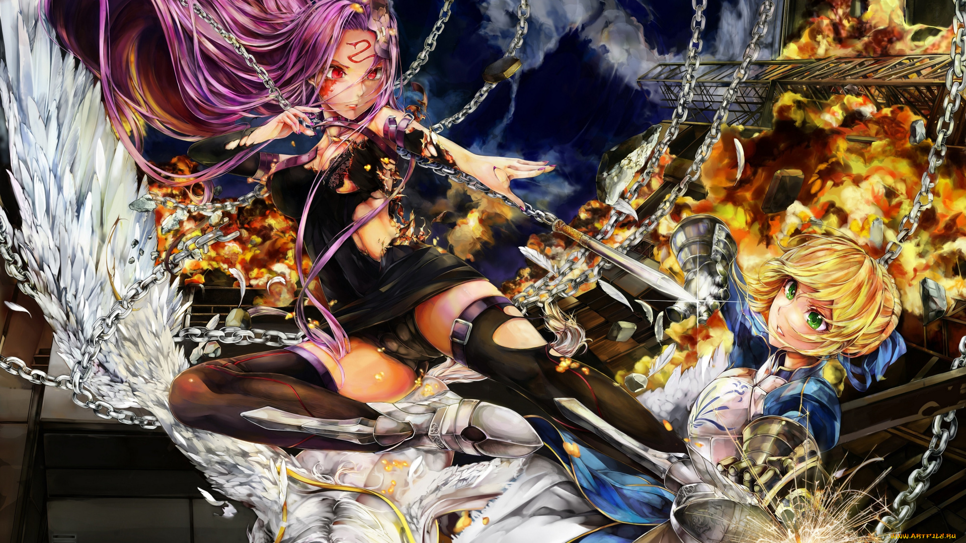 аниме, fate, stay, night, poyan, noken, saber, rider, цепи, девушки, битва, stay, night