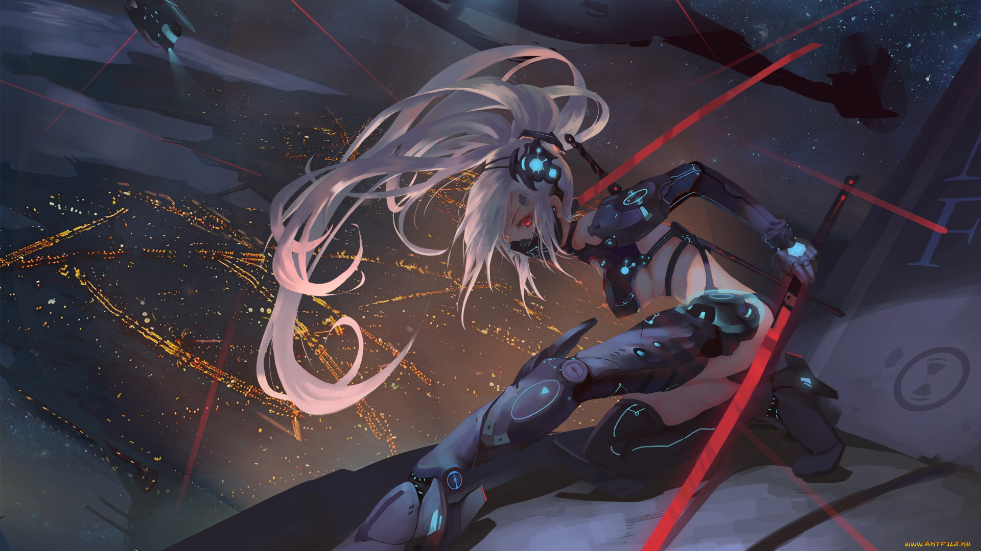 аниме, оружие, , техника, , технологии, маска, девушка, арт, neko-mura, ikkro, ночь, город