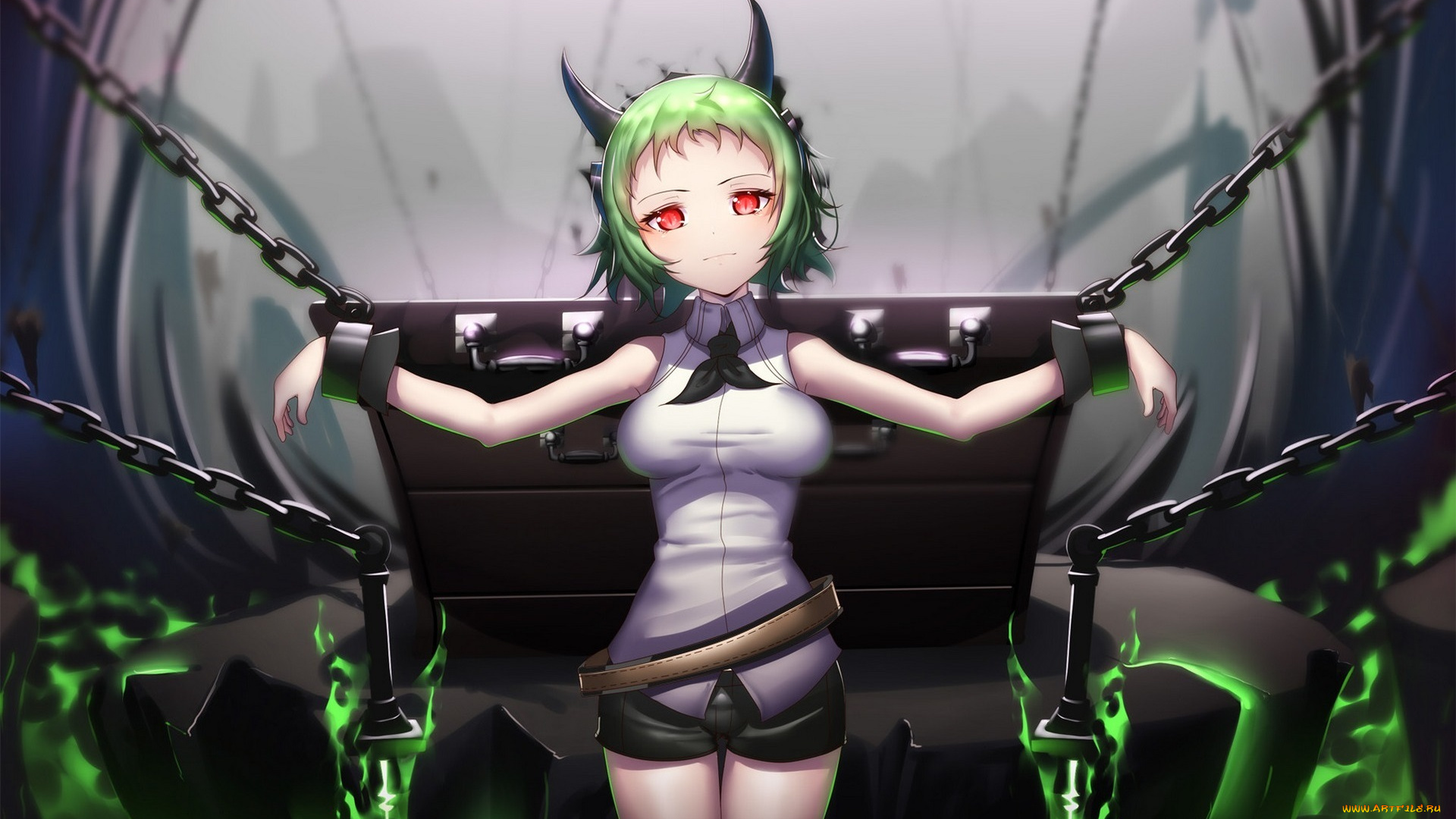 аниме, owari, no, seraph, улыбка, цепь, zxd0554, арт, рога, девушка, owari, no, seraph, hk