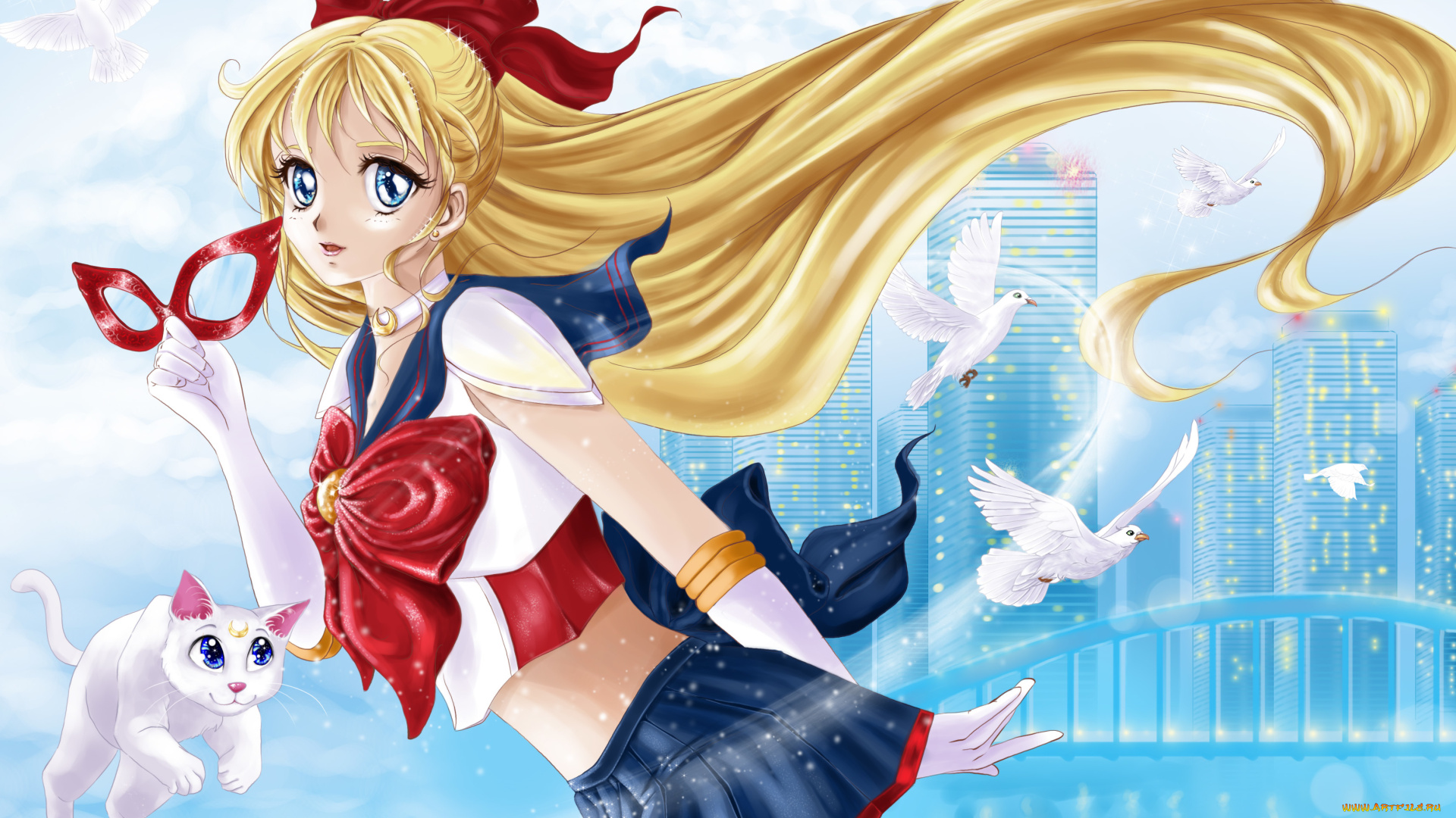 аниме, sailor, moon, голуби, кот, маска, костюм, взгляд, sailor, moon