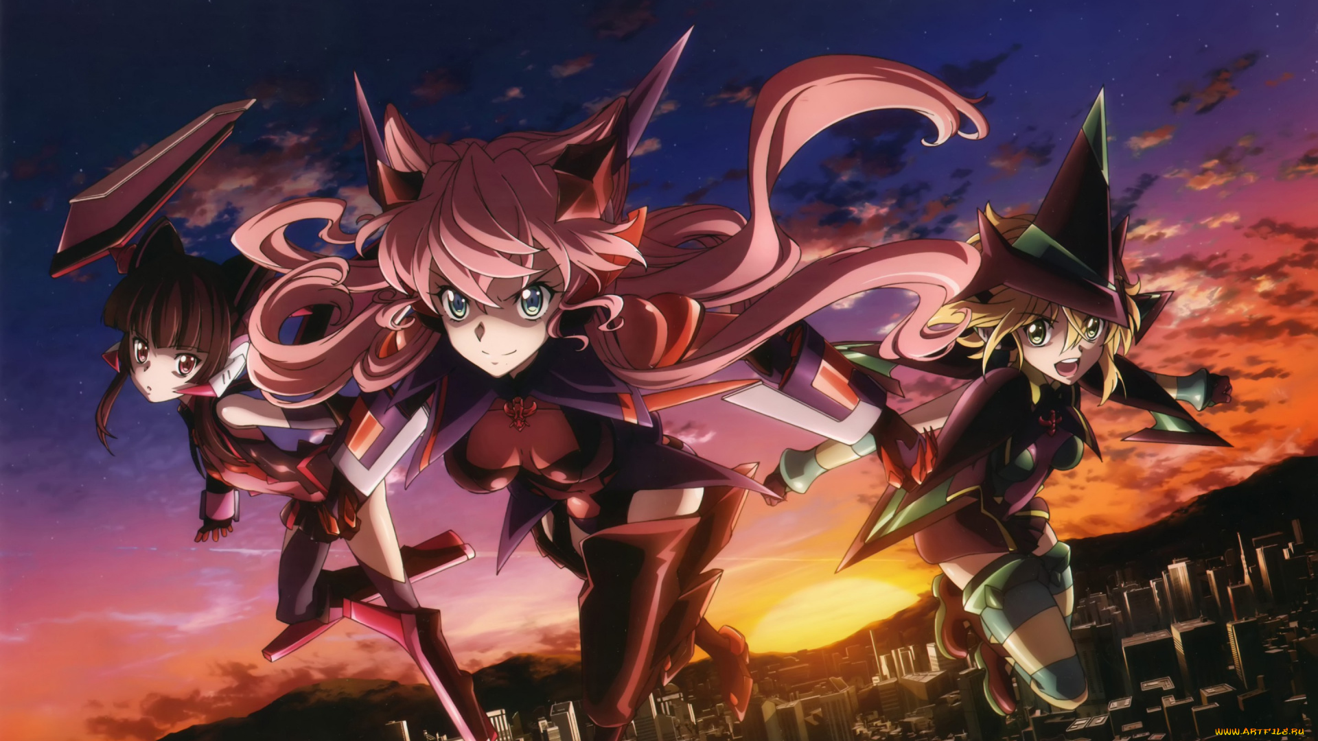 аниме, senki, zesshou, symphogear, senki, zesshou, symphogear, облака, akatsuki, kirika, tsukuyomi, shirabe, закат, небо, арт, девушки, maria, cadenzavuna, eve