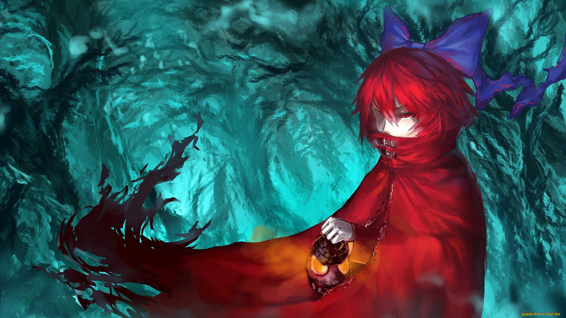 аниме, touhou, фонарь, арт, бантик, красный, плащ, sekibanki, kirame, kirai