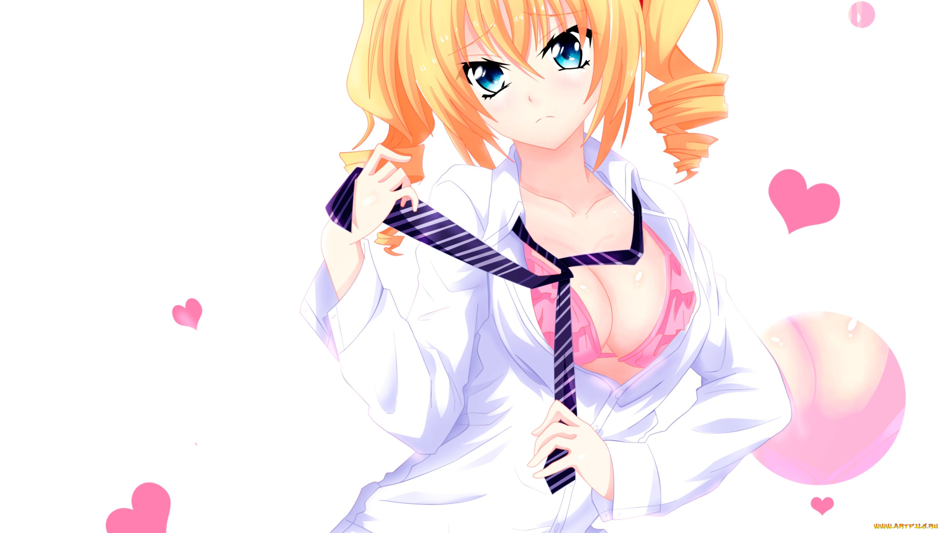 аниме, unknown, , другое, девушка, взгляд, сердечки, галстук, фон