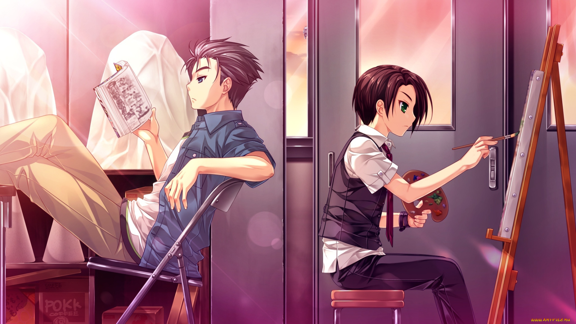 аниме, unknown, , другое, hifumi, sarusuberi, touma, nanae, мольберт, палитра, кисть, дверь, комната, tsukumo, no, kanade, двое, книга, стул