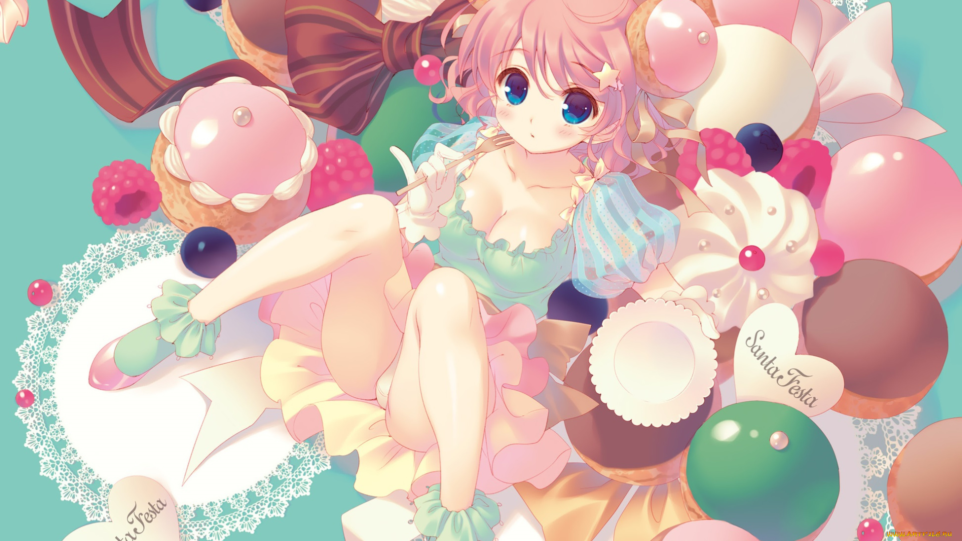 аниме, unknown, , другое, сладости, пирожные, еда, девочка, santa, matsuri