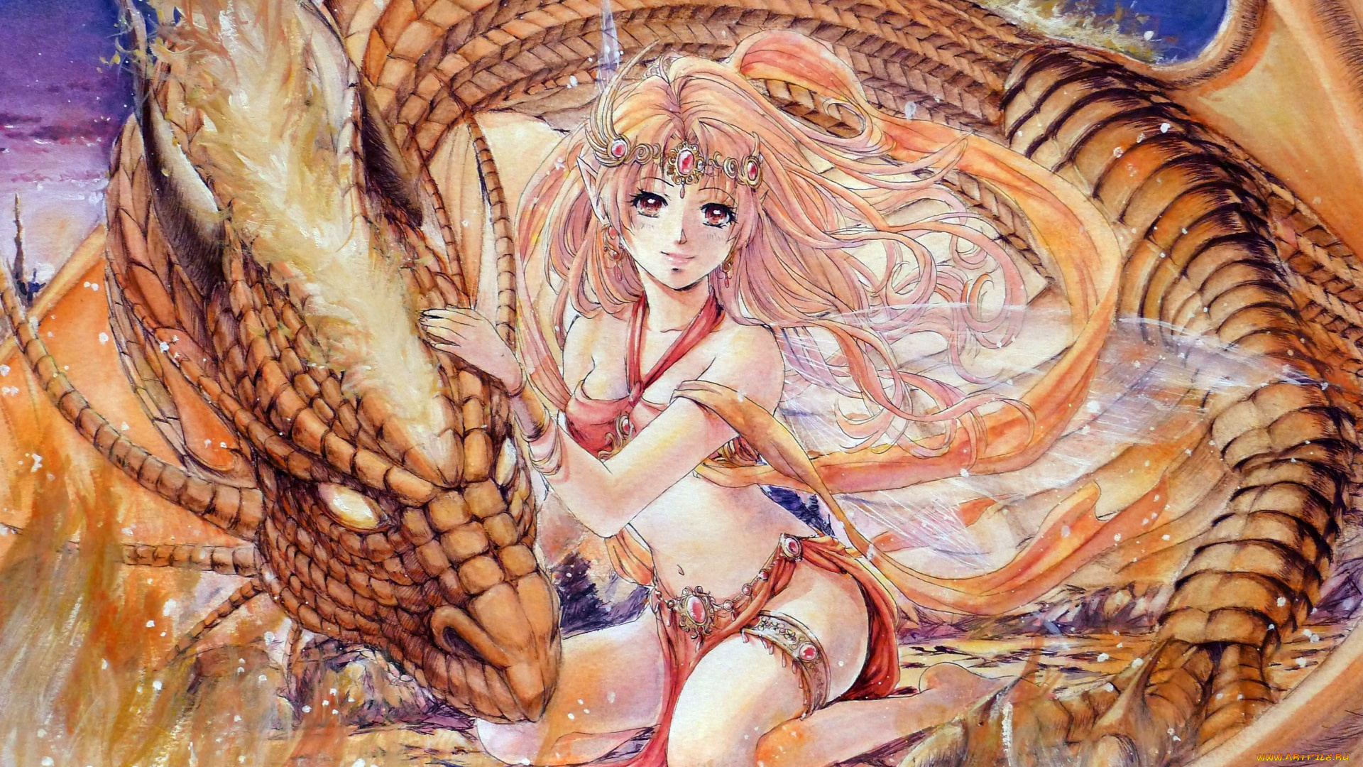 аниме, животные, , существа, дракон, огонь, украшения, взгляд, девушка, fantasy, камни